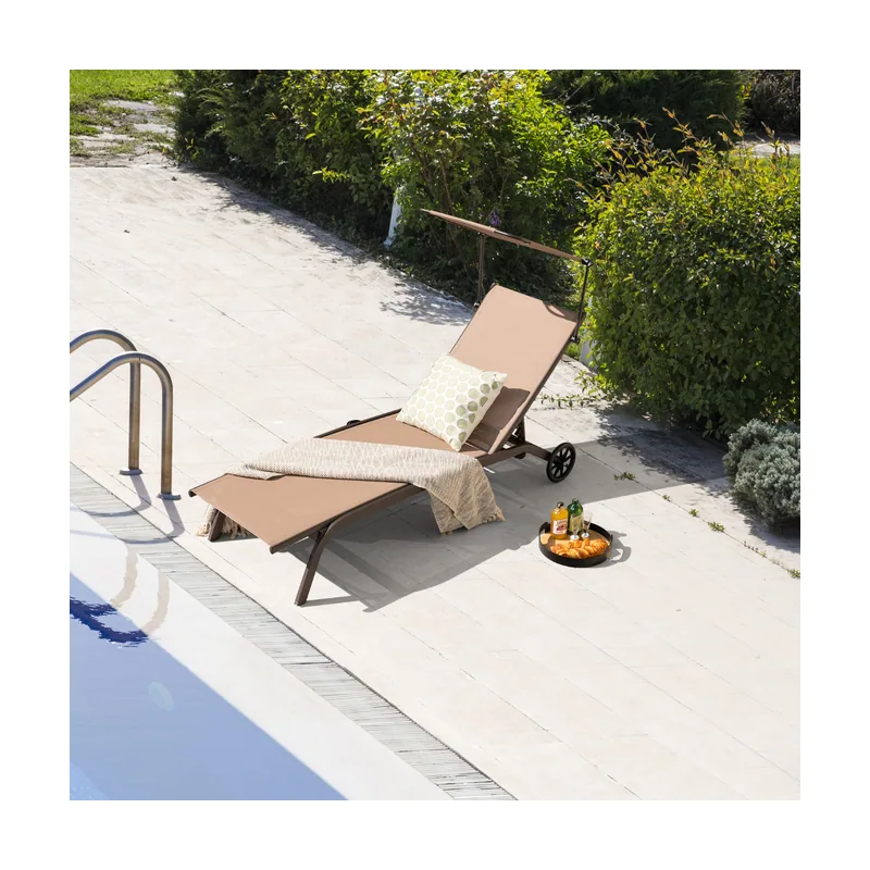 Tumbona Jardín Silla Reclinable 6 Niveles 2 Ruedas Toldo Ajustable Portavasos Carga