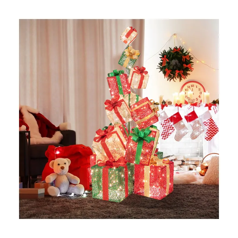 170cm Torre de 15 Cajas de Regalo Iluminada con 450 Luces Blancas Cálidas Base de Metal