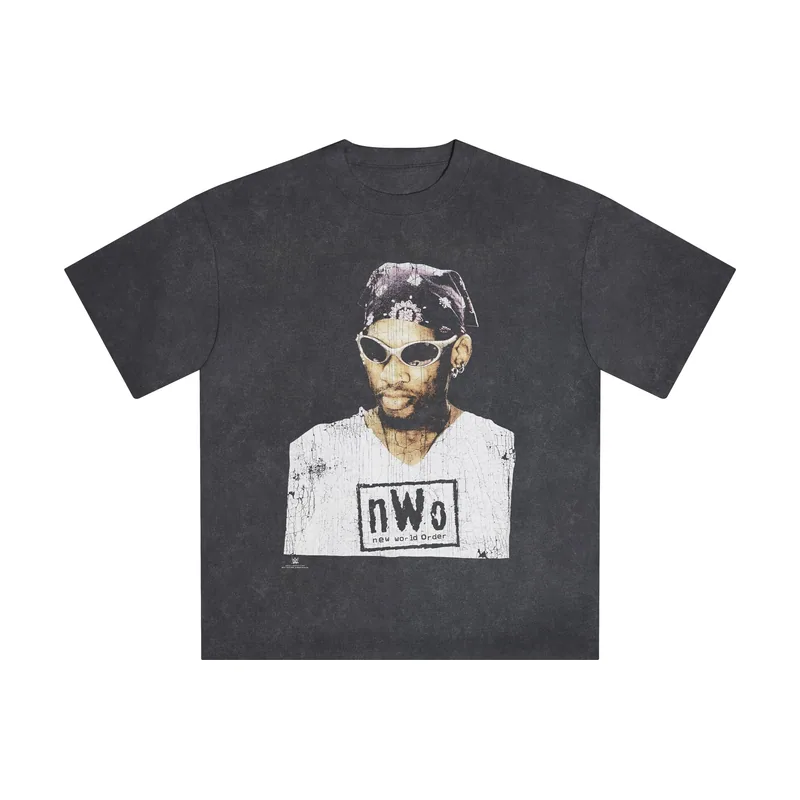 Camiseta de hombre color negro jaspeado con el icono de Dennis Rodman y efecto lavado a la nieve