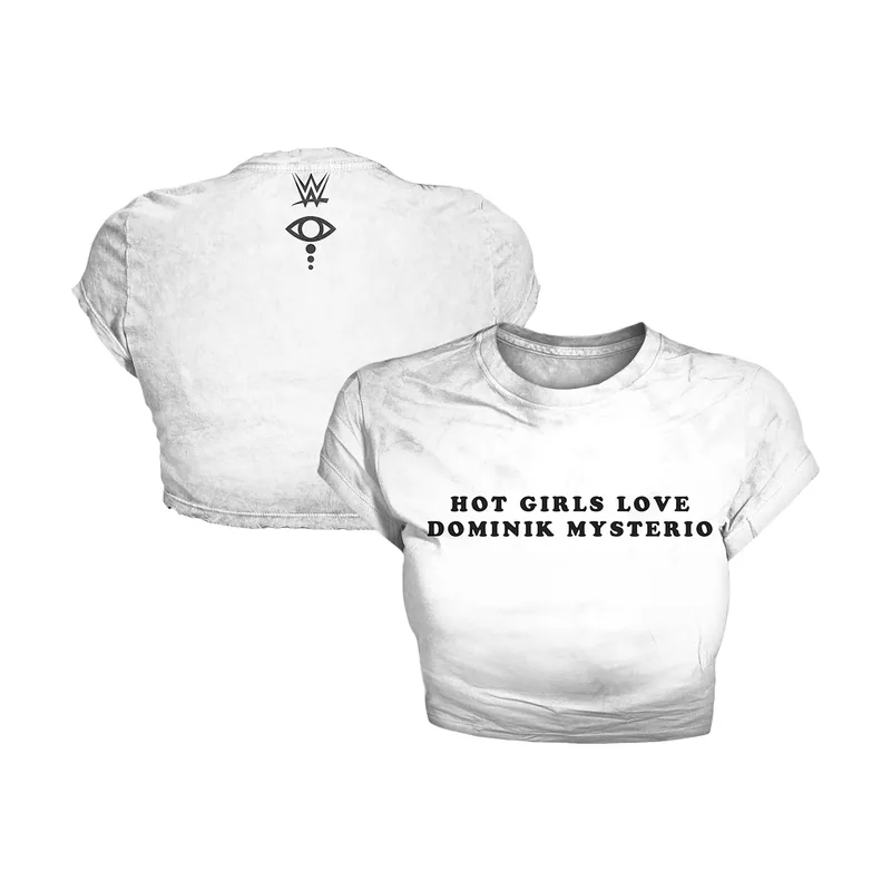 Camiseta corta blanca para mujer de Liv Morgan con la frase "Hot Girls Love Dominik Mysterio"