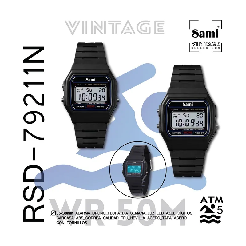 Vintage lcd wr50m alarma/crono/fecha/luz