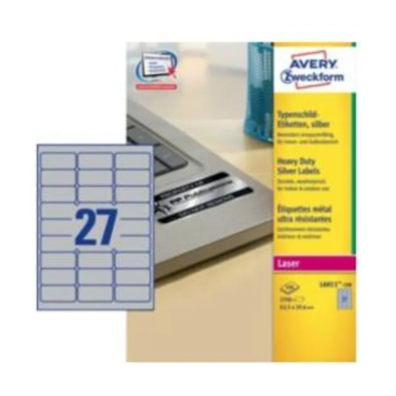 L6011-100. Caja de 2700 etiquetas plata de poliéster 63,5 x 29,6 mm