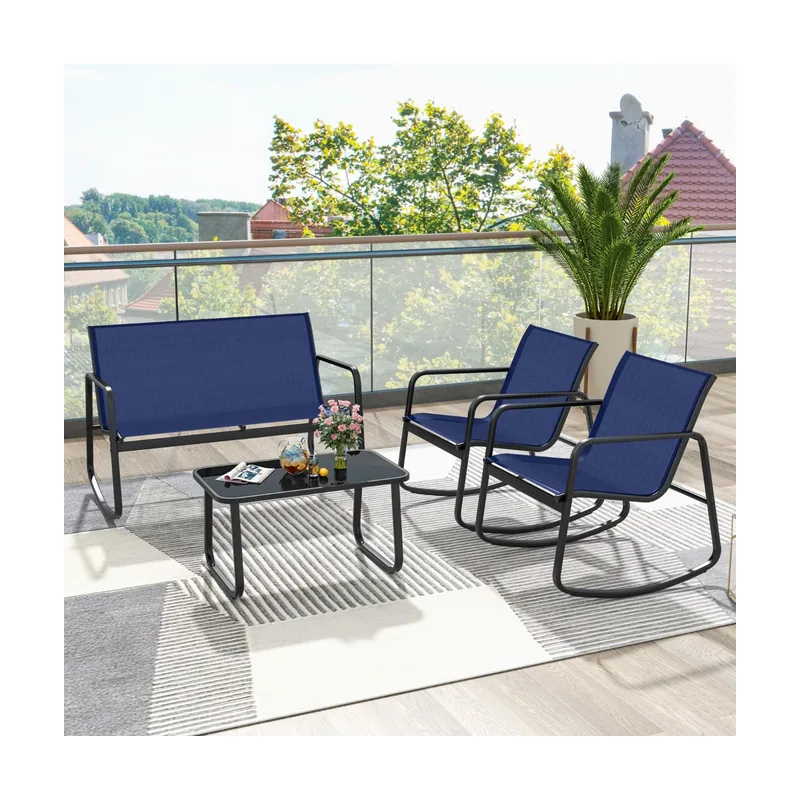 Muebles Jardín Exterior 4 Piezas 2 Mecedoras y Sofá de 2 Plazas con Mesa con Tapa de Cristal Conjunto