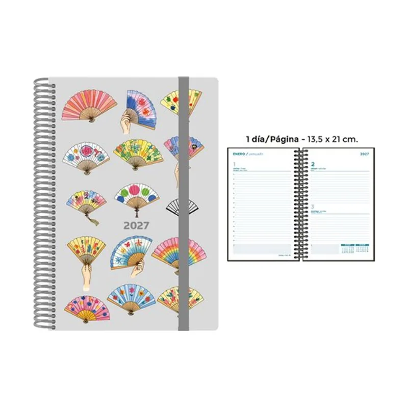 Agenda anual 2027 decorada espiral tapa pp con goma 135x210 d/p abanicos