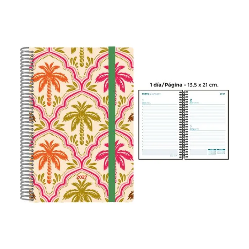 Agenda anual 2027 decorada espiral tapa pp con goma 135x210 d/p palmeras