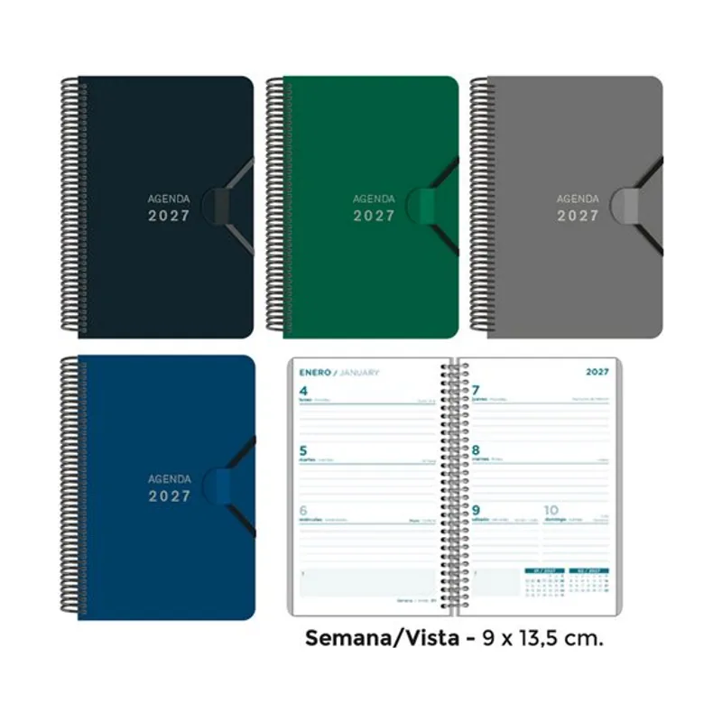 Agenda anual 2027 mini espiral tapa pp con goma 90x135 s/v surtido de 4