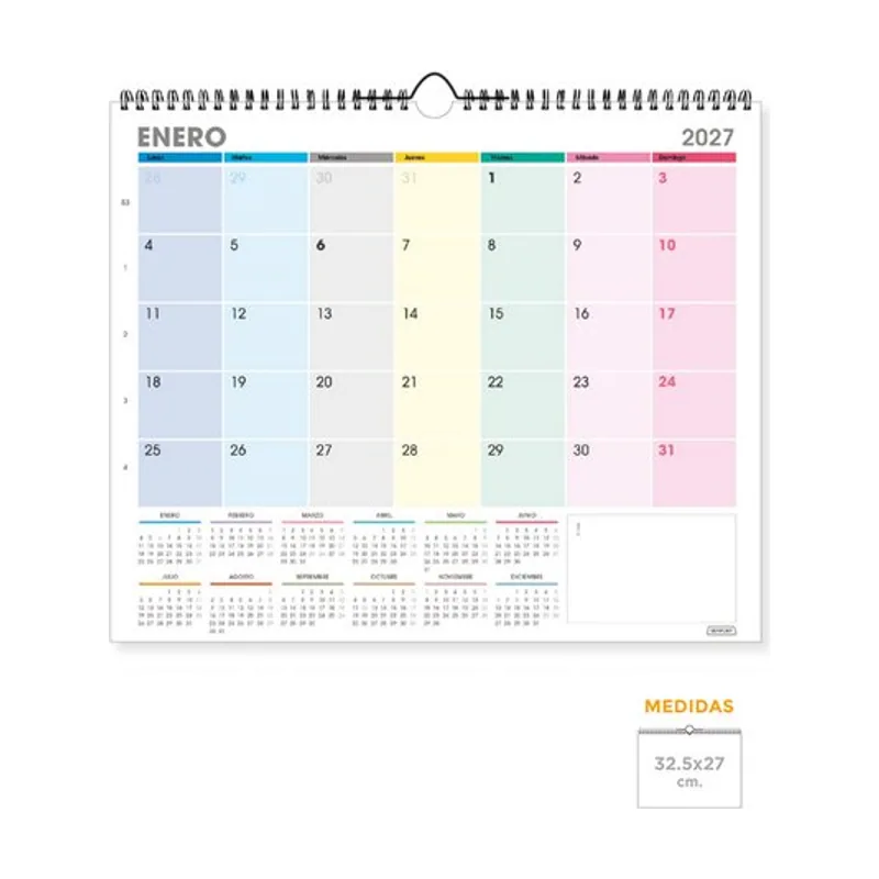Calendario 2027 pared multicolor mensual 325x270