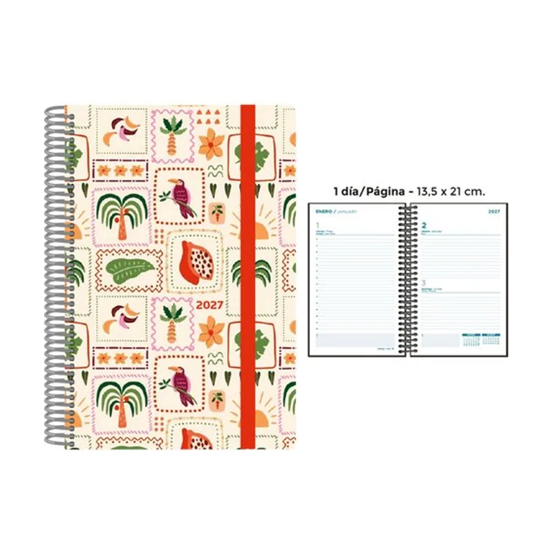 Agenda anual 2027 decorada espiral tapa pp con goma 135x210 d/p tropical