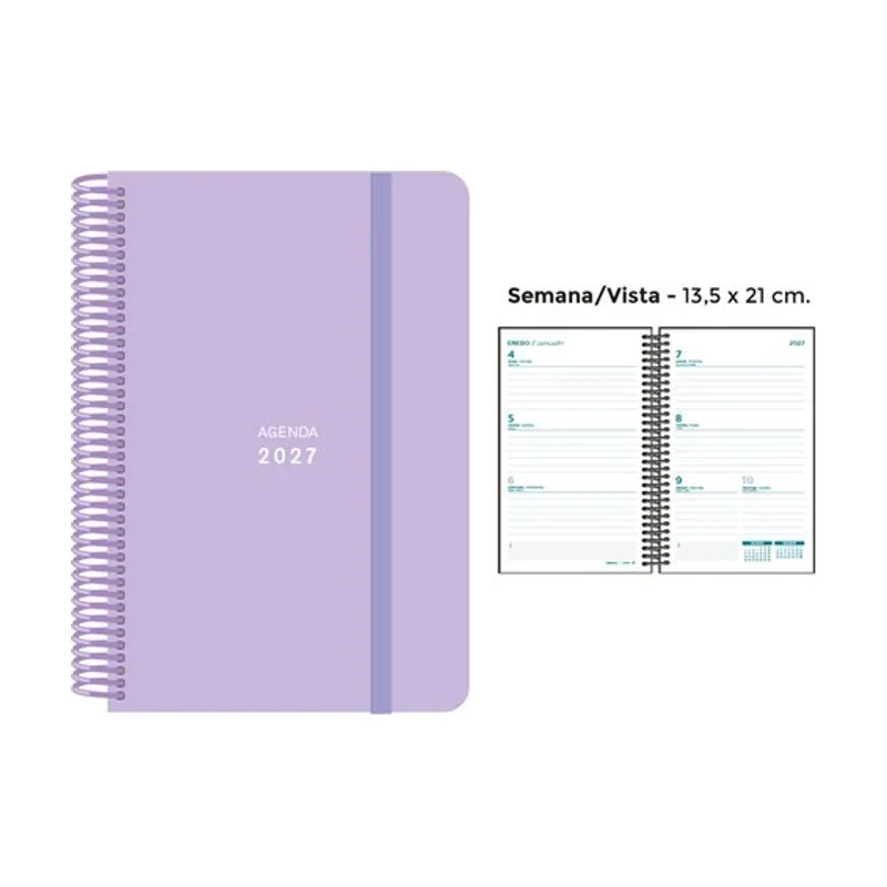 Agenda anual 2027 pastel espiral tapa pp con goma 135x210 s/v Lila