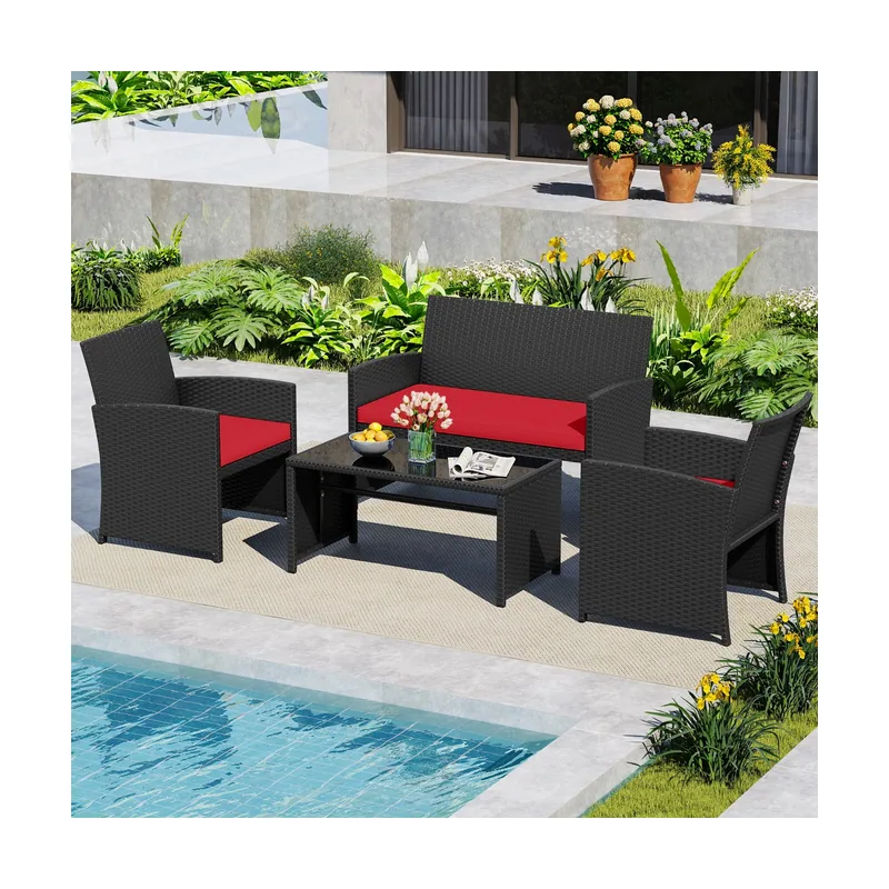 Conjunto Ratán Patio 4 Piezas Sillones 2 Plazas Mesa Vidrio Templado Acolchados