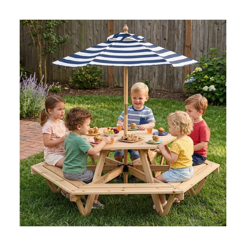Mesa Picnic Hexagonal Infantil con Sombrilla Ajustable para Seis Niños Madera Sólida 162 x 141 x 53 cm