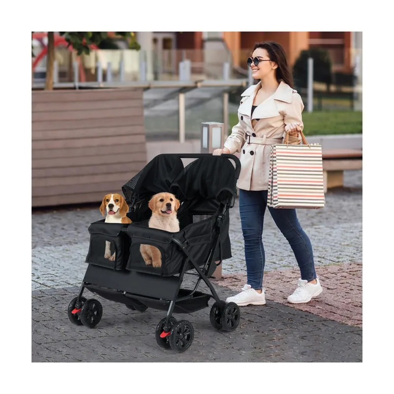 Cochecito Doble para Mascotas Plegable con 2 Asientos Sombrilla Ajustable