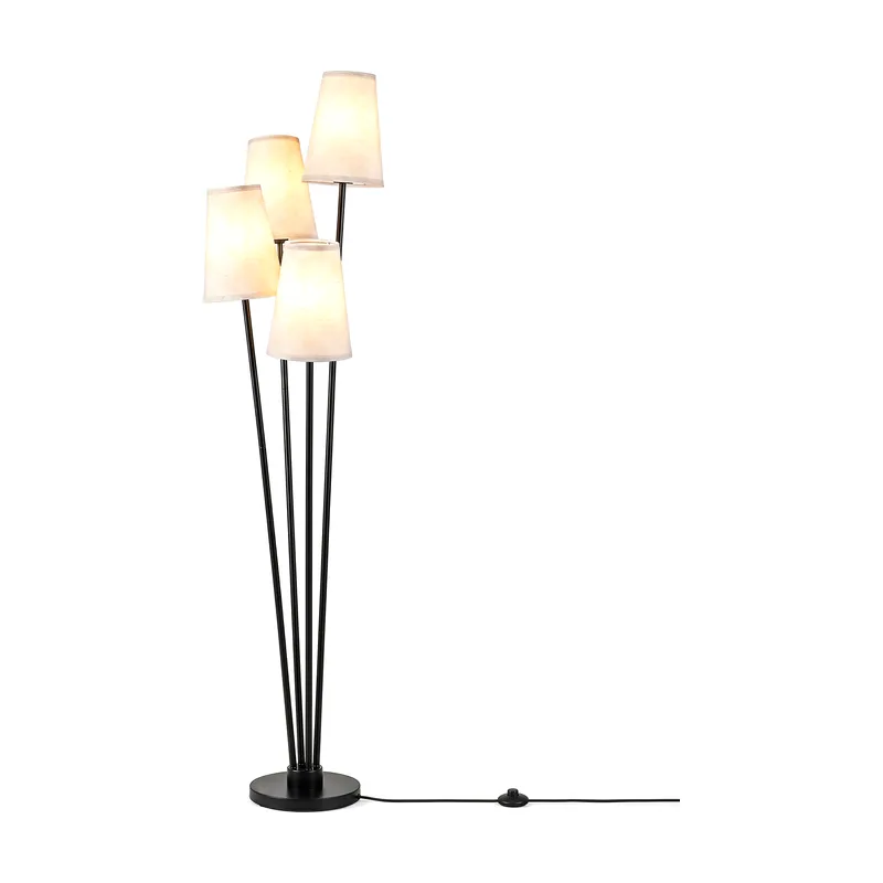 Lámpara de Pie Negra de Cuatro Luces Estructura Metálica Pantalla de Tela Suave