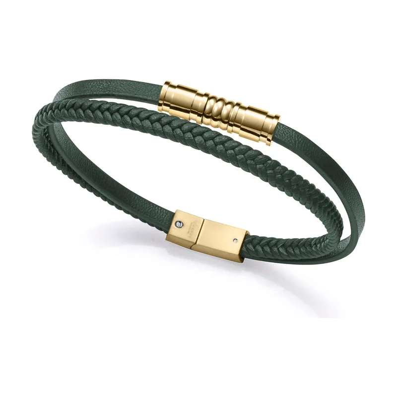 Pulsera de acero Ip dorado doble con piel 15222P01016