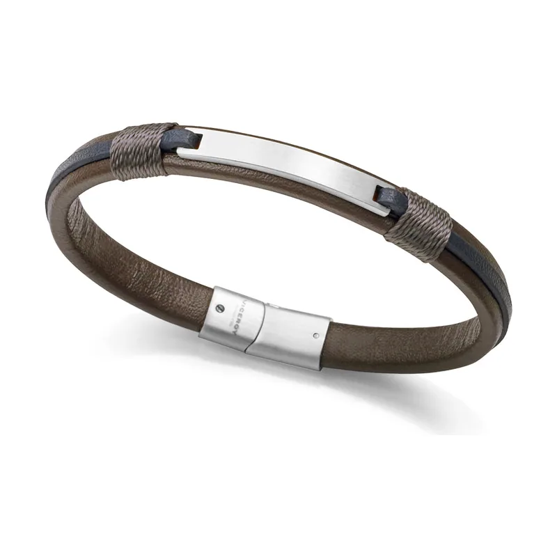 Pulsera de acero con placa con piel marrón oscura 15221P01013