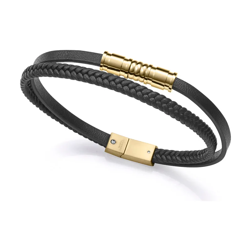 Pulsera de acero Ip dorado doble con piel 15222P01010