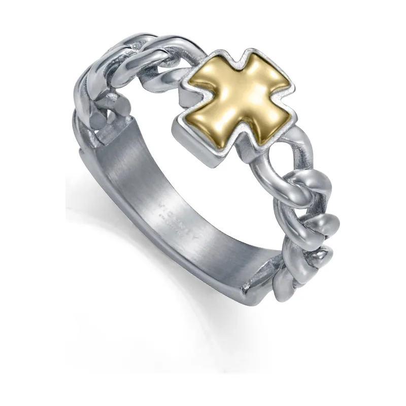 Anillo cadena de acero con cruz Ip dorado,colección Abraham Mateo 15281A02400