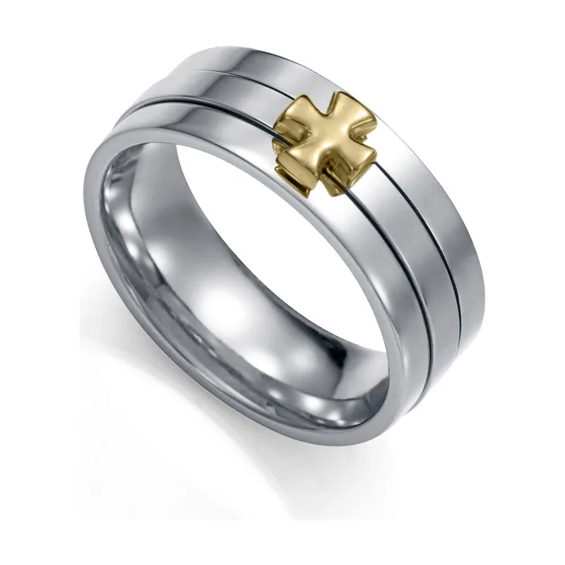 Anillo de acero rotatorio con cruz en Ip dorado, colección Abraham Mateo 15280A02000