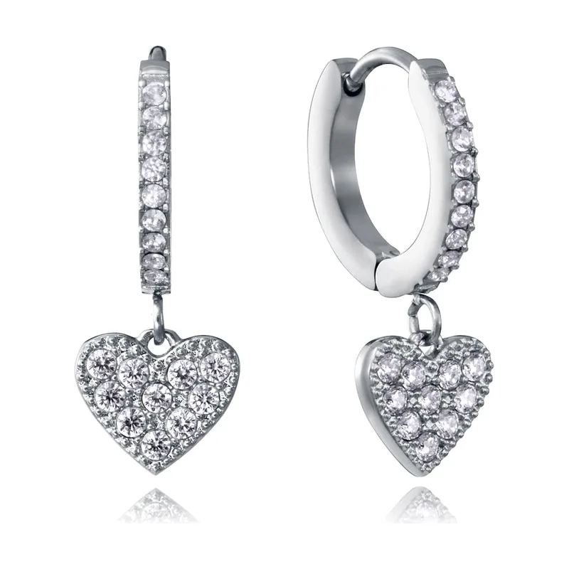 Pendientes de aro de acero con circonitas blancas y colgante en forma de corazón 15263E01000