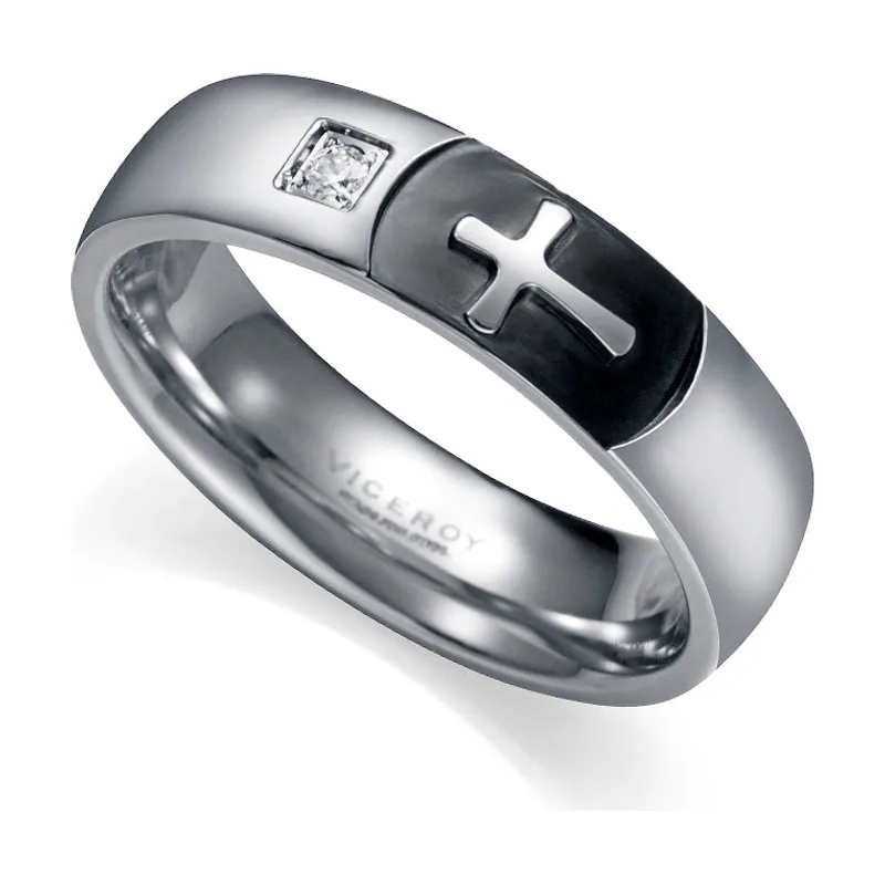 Anillo bitono de acero e Ip negro con cruz y circonita 14407A02200