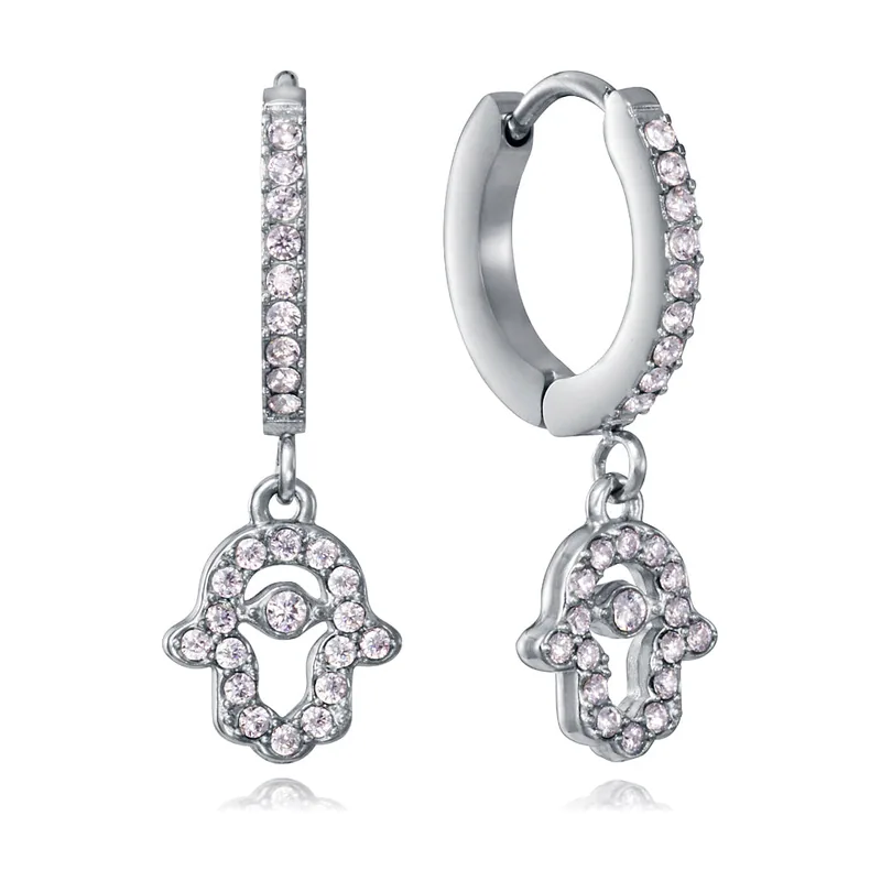 Pendientes de aro de acero con circonitas blancas y mano de fátima colgante 15258E01000