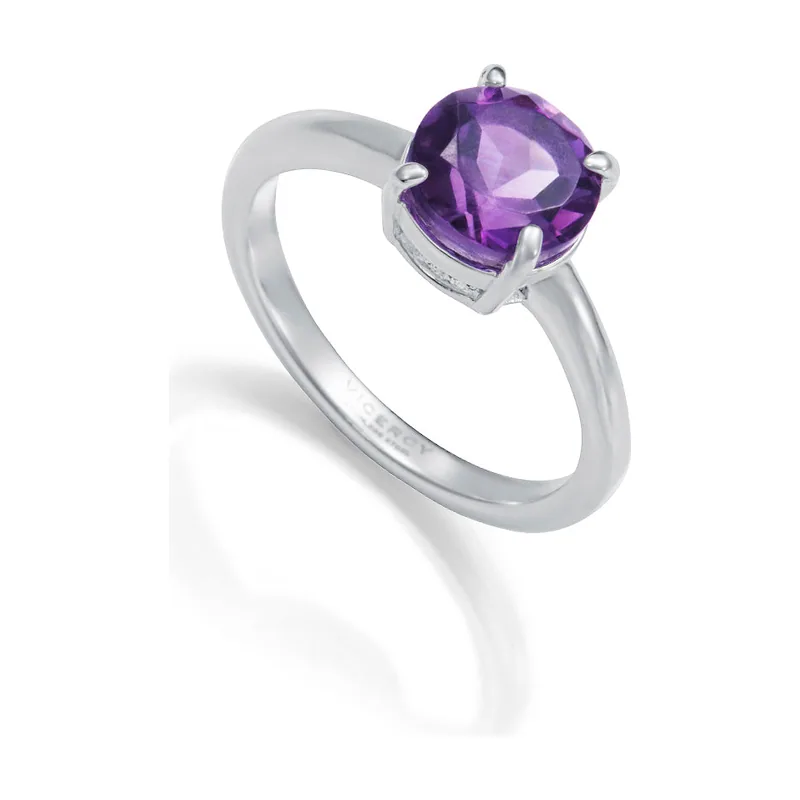 Anillo de acero chapado en plata 999 + E-COATING con piedra natural amatista 14455A01219