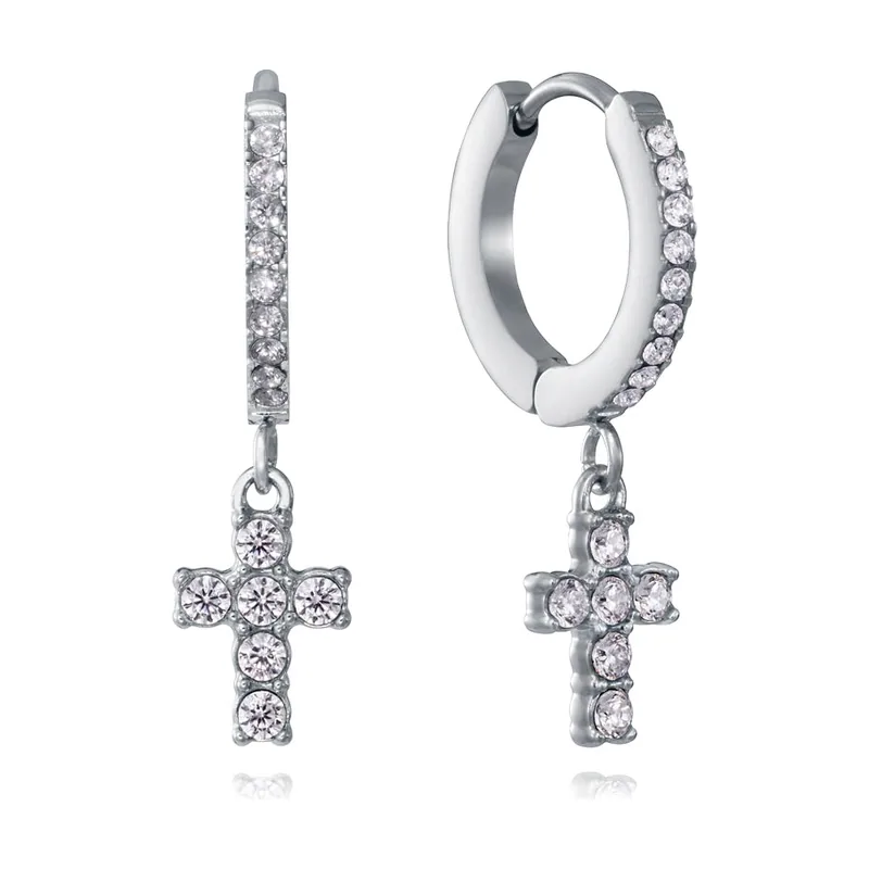 Pendientes de aro de acero con circonitas blancas y cruz colgante 15256E01000