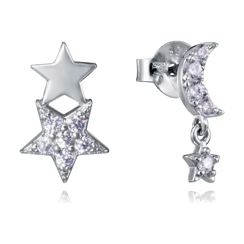 Pendientes asimétricos de plata de primera ley con baño de rodio luna y estrellas 2399E000-30