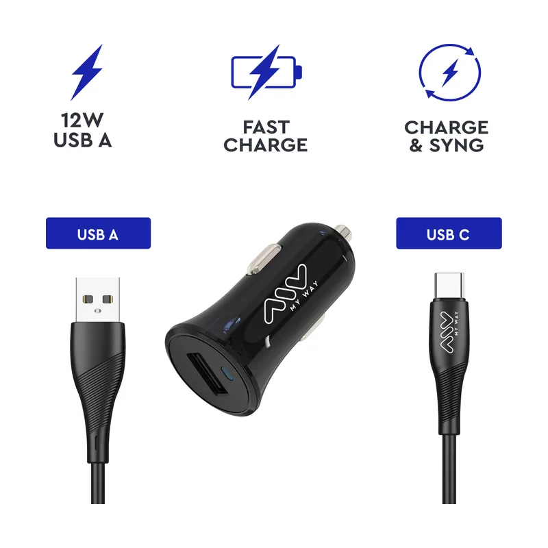 Cargador Automovil USB + Cable Tipo C 2A 15,6X8X3CM ABS NE