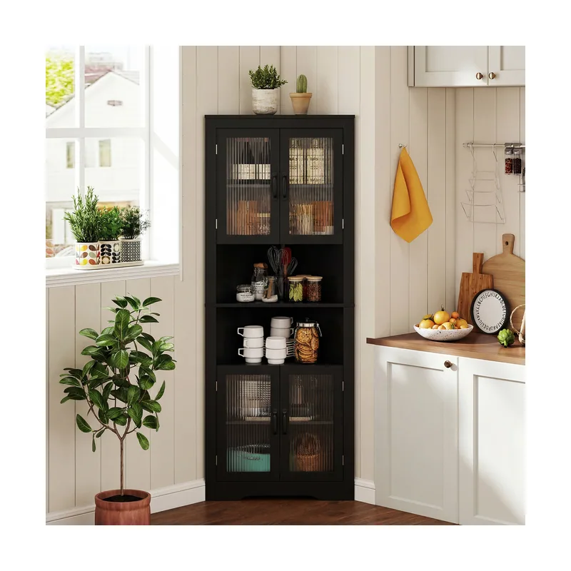 Armario de Esquina Alto de 6 Niveles con Puertas de Cristal 171 cm Negro