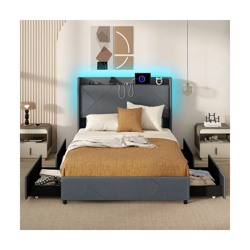 Marco de Cama con LED y Brillo Ajustables Mando a Distancia Estructura de Cama