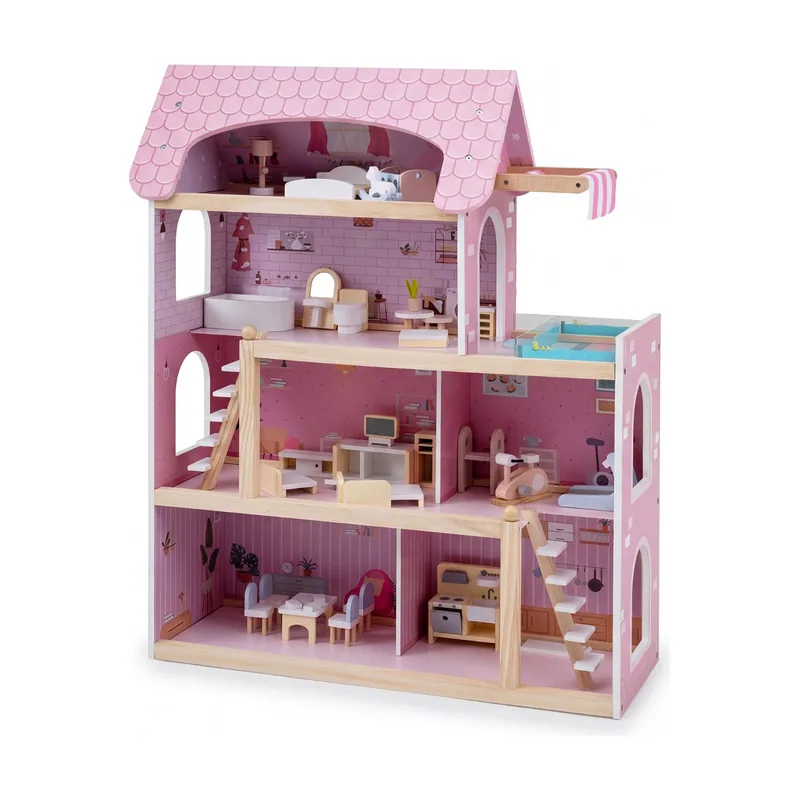 Casa de Muñecas de Madera para Niños con 33 Accesorios de Muebles 6 Habitaciones 78 cm Rosa
