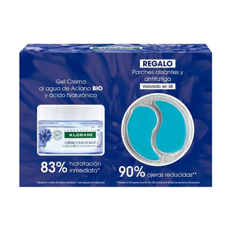 Klorane Gel Crema al Agua de Aciano BIO y Ácido Hialurónico 50 ml + Klorane Parches Alisantes y Antifatiga de REGALO