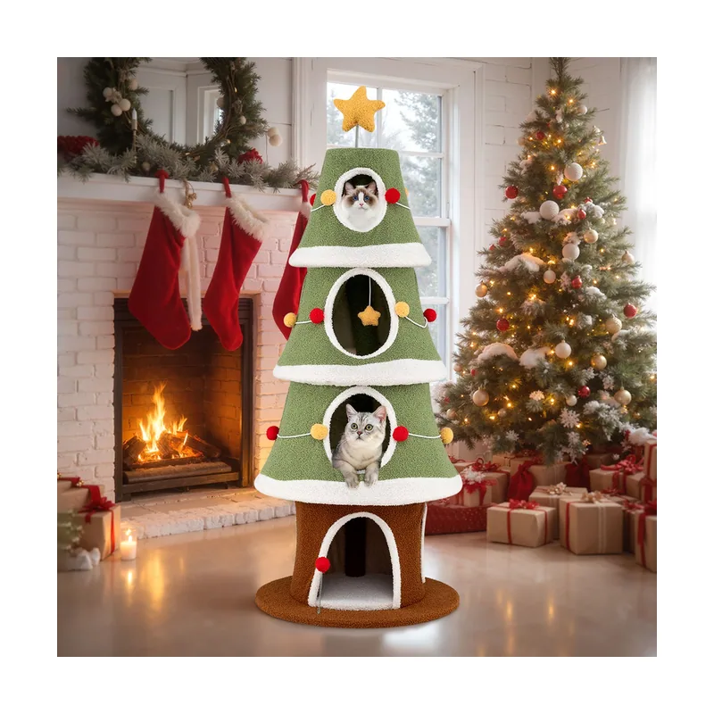 Juego de 2 Piezas Árbol para Gatos Tres Pisos Navideño Rascador Sisal Gran Carga