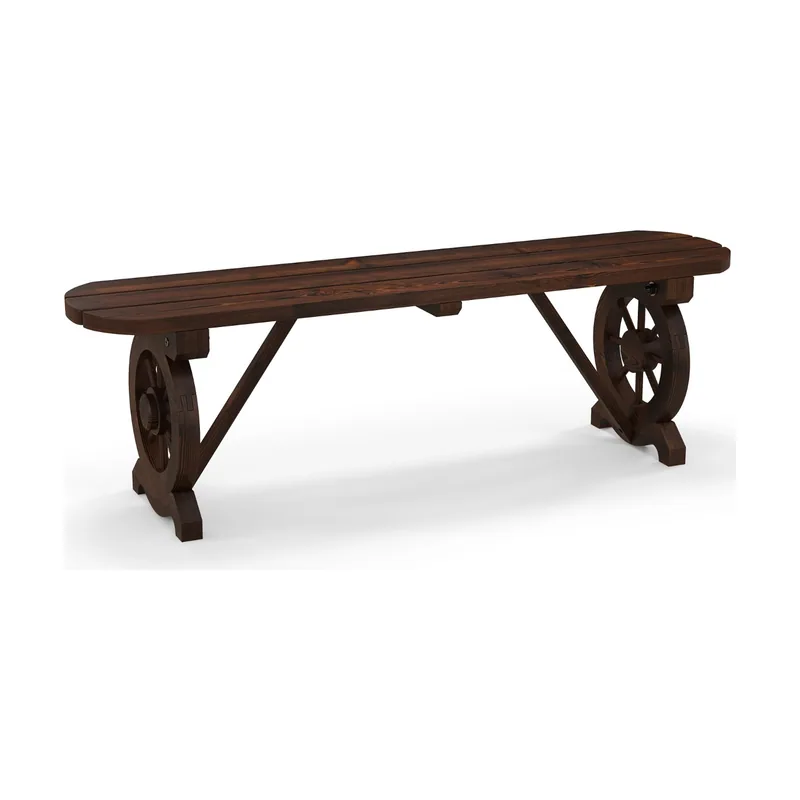 Banco Largo de Madera Carbonizada con Base de Rueda de Carro Asiento Listones 2 Plazas Carga