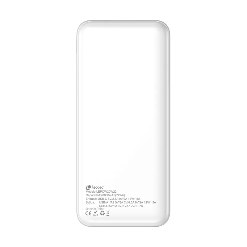 Leotec POWERBANK 20000mAh 22,5W PD20W Carga rapida Blanco 1 salida USB-C + 2 salidas USB-A