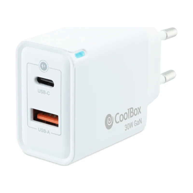 Coolbox Cargador USB Pared GAN 30W USB-C/USB-A QC3.0