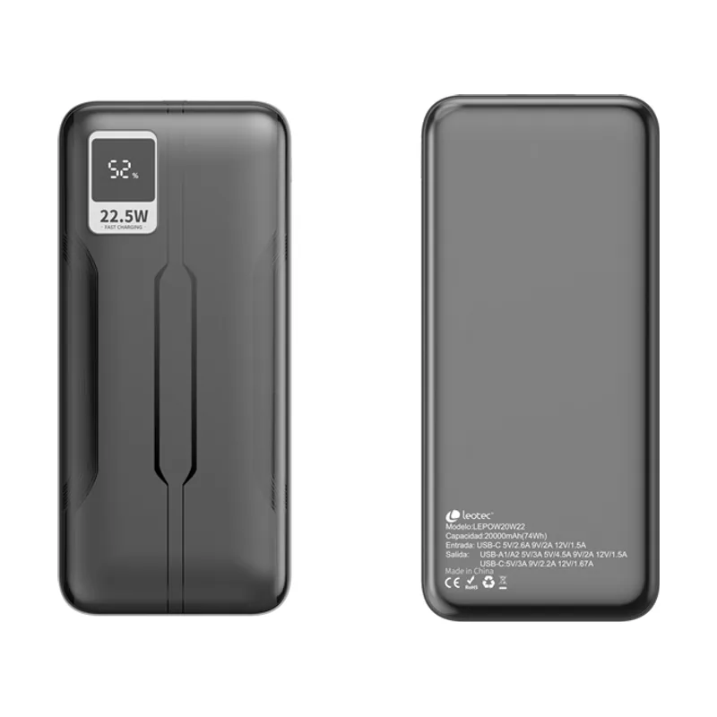 Leotec POWERBANK 20000mAh 22,5W PD20W Carga rapida Negro 1 salida USB-C + 2 salidas USB-A