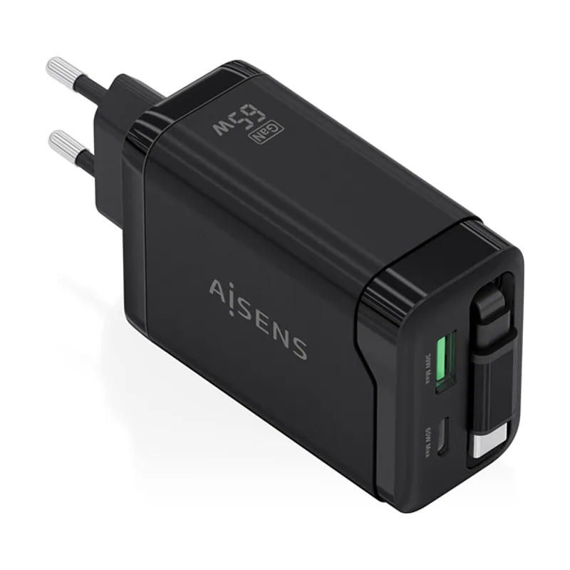 Aisens Cargador GaN 65W 1xUSB C Cable Retractil 1xUSB C PD3 0 1xUSB A QC3 0