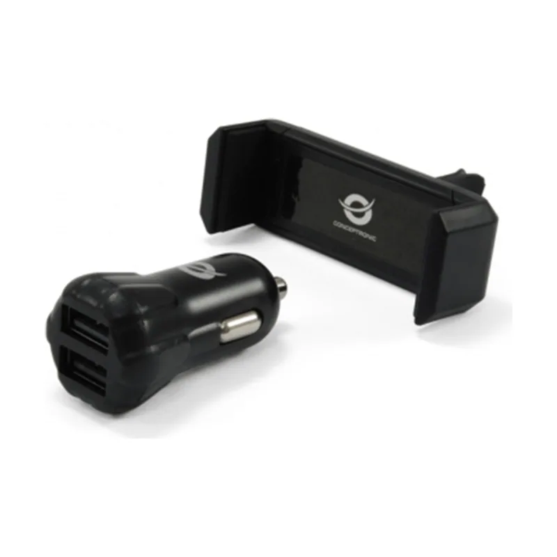 Conceptronic Cargador Coche CUSBCAR2AKIT USB 2A Negro + Soporte