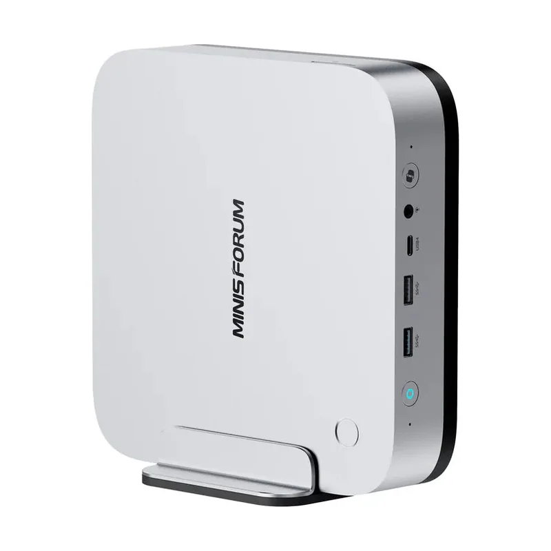 Minisforum AI X1 Pro en posición vertical con su soporte