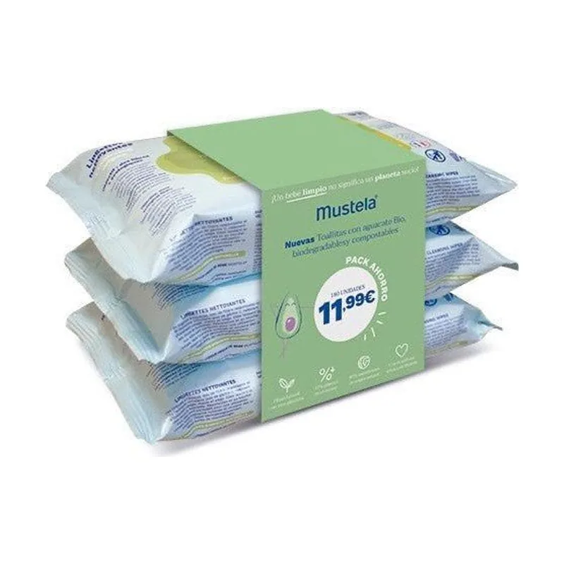 Mustela Toallitas Limpiadoras Aguacate BIO Pack 3x60 180 unidades PACK AHORRO