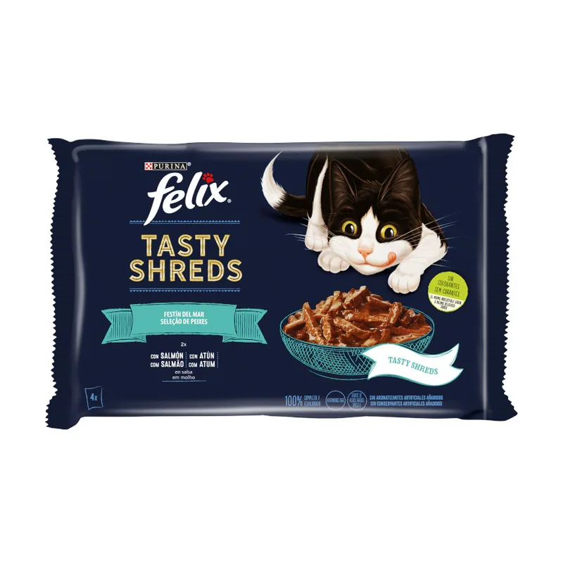 Felix 4 sobres x 80 g Tasty Shreds Festín del Mar Filetes en Salsa sobre