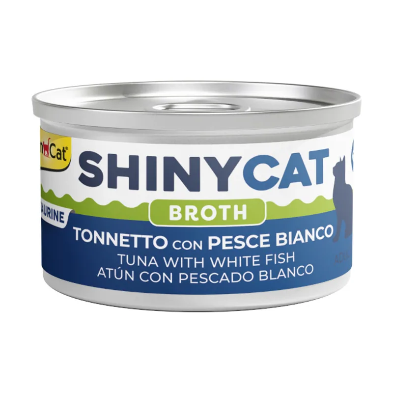GimCat 70 g Shiny Cat Atún y Pescado blanco en caldo lata