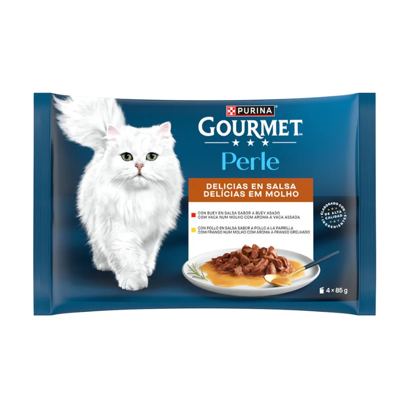 Gourmet 4 sobres x 85 g Perle Filetes de Pollo y Buey en salsa sobre