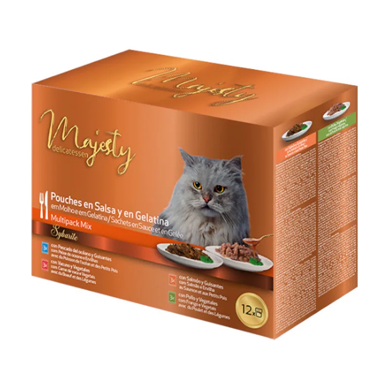 Majesty 12 sobres x 100 g Multipack Sobres Gelatina y Salsa Mix Pescado y Carne