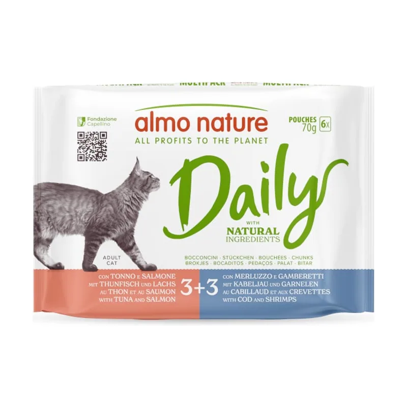Almo Nature 6 sobres x 70 g Daily Atún con Salmon y Bacalao con Camarones sobre