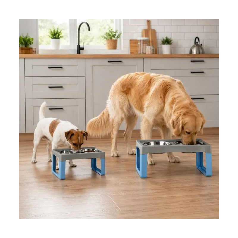 Leeby Comedero Doble de Acero Inoxidable Azul para perros