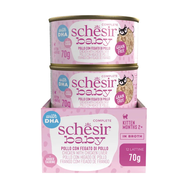 Schesir 70 g Lata Pollo e Hígado de pollo con DHA para gatitos