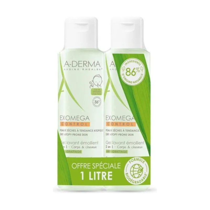 A-derma EXOMEGA CONTROL gel emoliente 2en1 pack 2 x 500 ml